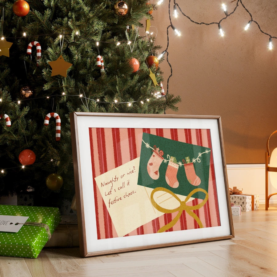 Festive Chaos Christmas Print – Funny Holiday Wall Art with Stockings