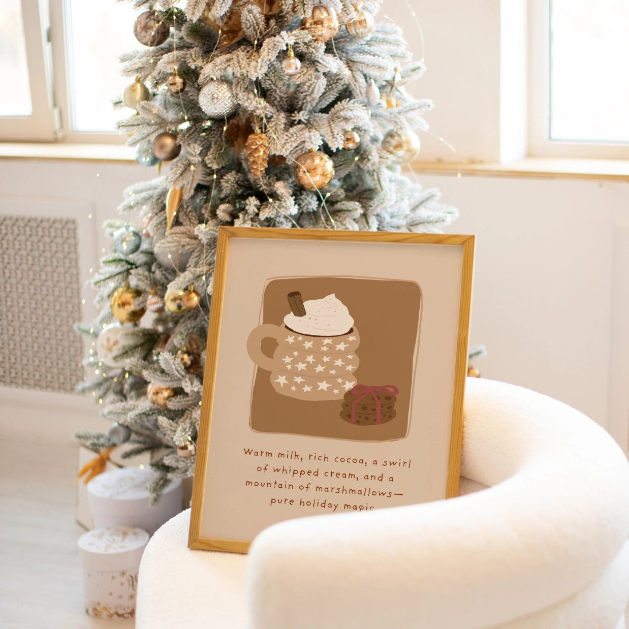 Weihnachtswandbild mit heißem Kakao