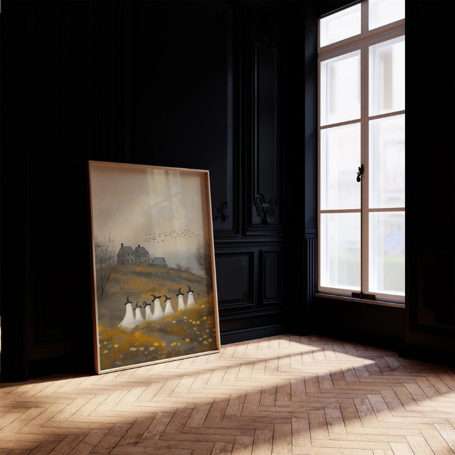 Halloween-Druck „Geisterparade“ – Gruselige Hexengeister im Herbstfeld