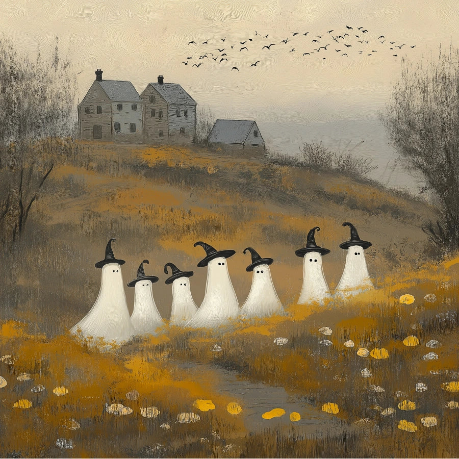 Halloween-Druck „Geisterparade“ – Gruselige Hexengeister im Herbstfeld