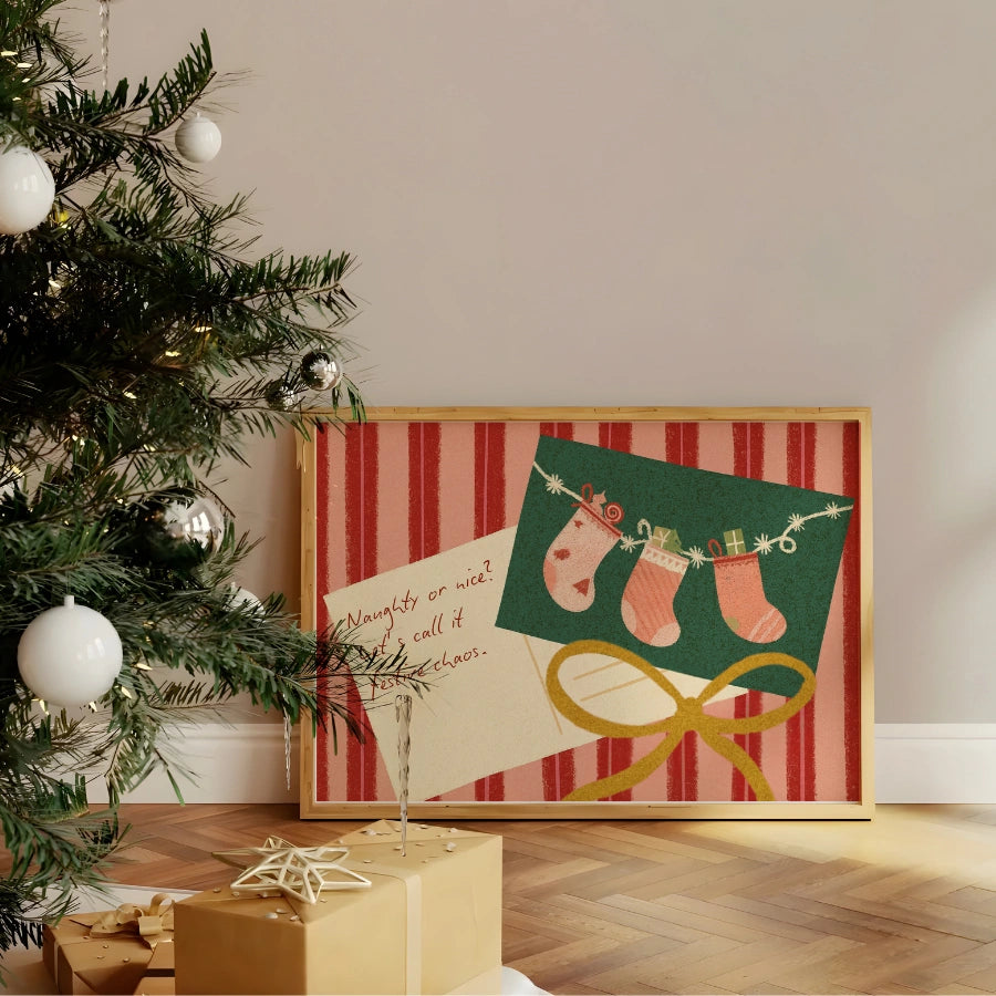 Festive Chaos Christmas Print – Funny Holiday Wall Art with Stockings