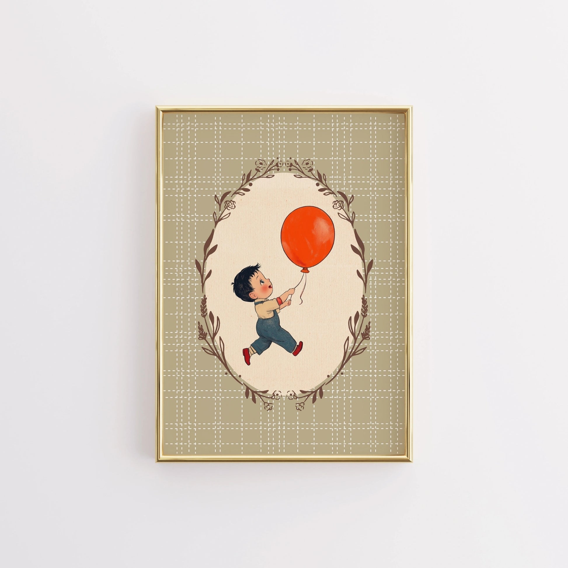 Vintage Boy Balloon Wall Art - Red Balloon Kids Print