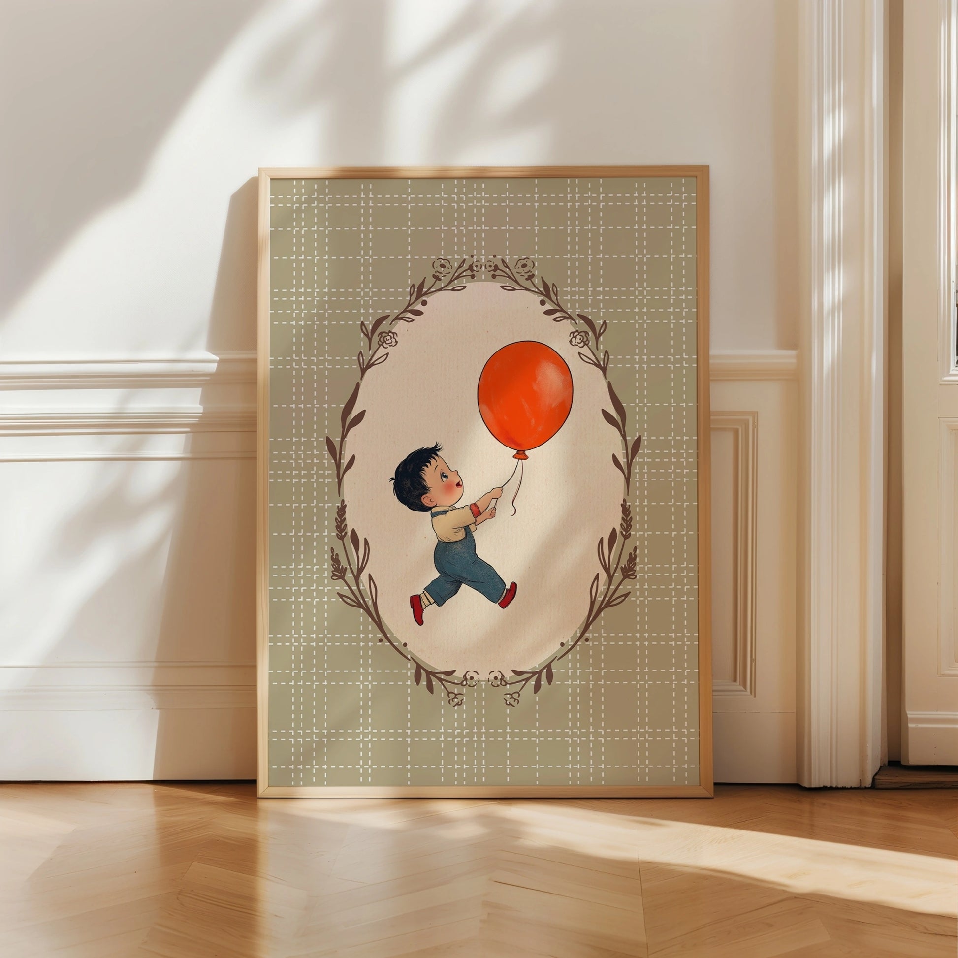 Vintage Boy Balloon Wall Art - Red Balloon Kids Print