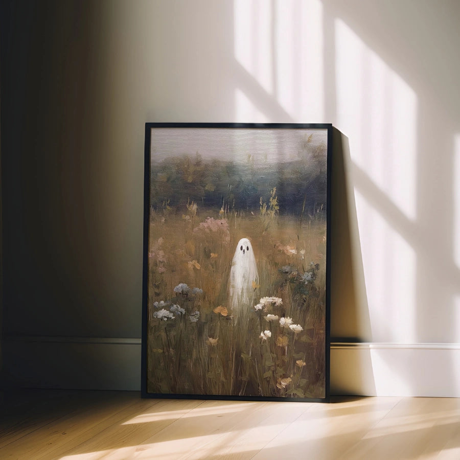 Fantasma in un campo di fiori selvatici – Arte murale di Halloween malinconica
