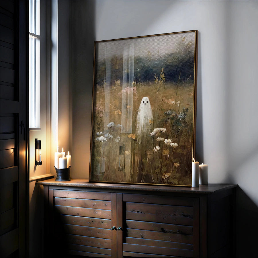 Fantasma in un campo di fiori selvatici – Arte murale di Halloween malinconica