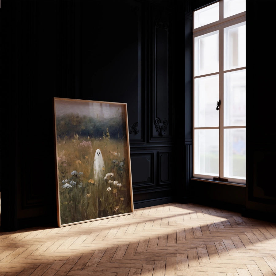 Fantasma in un campo di fiori selvatici – Arte murale di Halloween malinconica