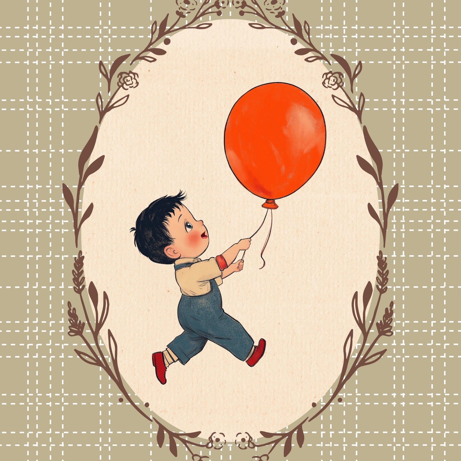 Vintage Boy Balloon Wall Art - Red Balloon Kids Print
