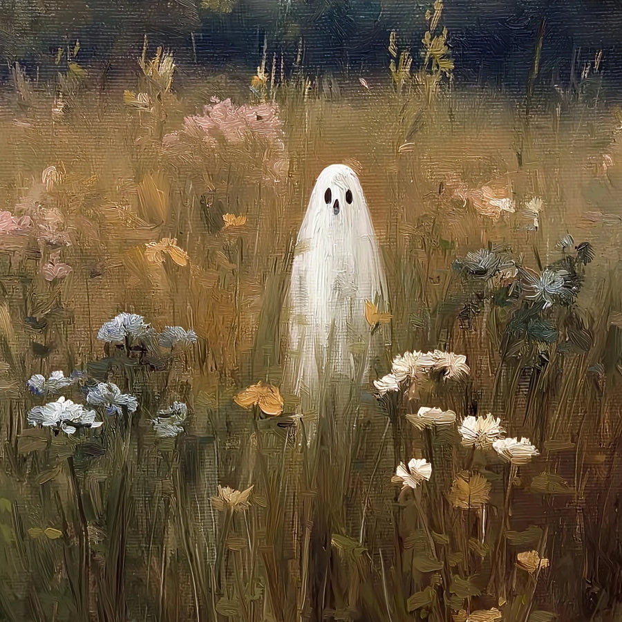 Fantasma in un campo di fiori selvatici – Arte murale di Halloween malinconica