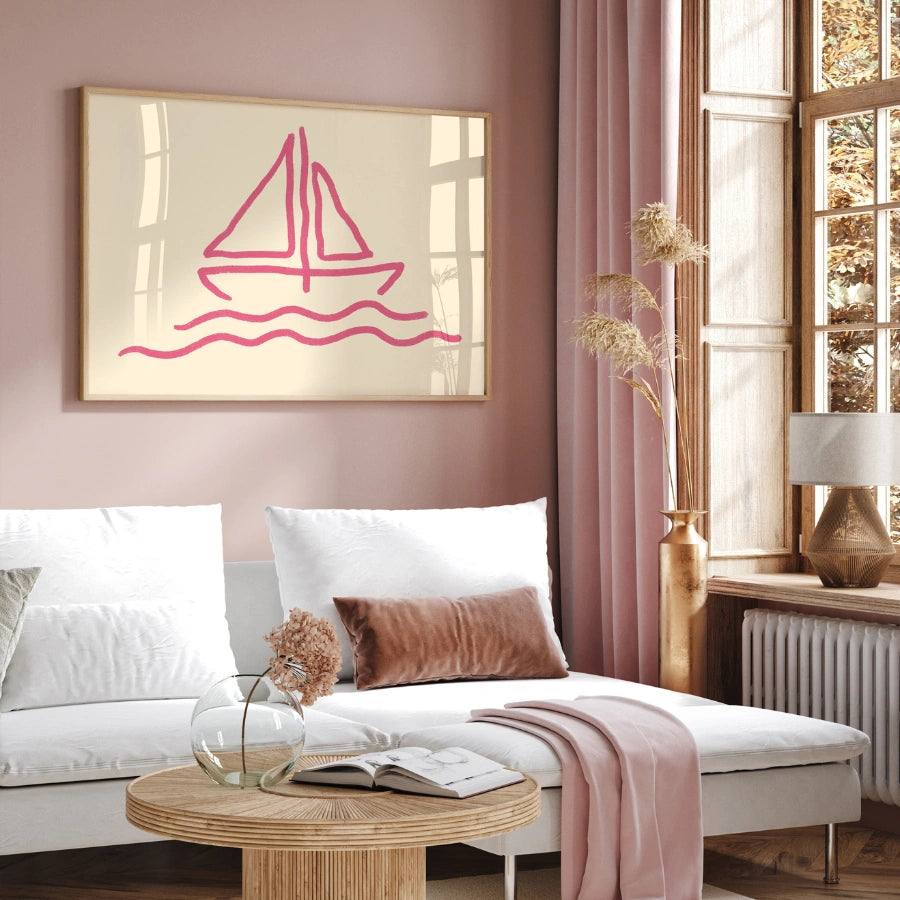 Sailboat Line Art Print – Pink Nautical Wall Art