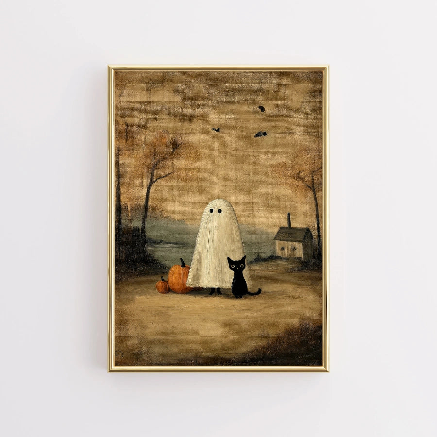 Ghost and Black Cat Wall Art – Vintage Halloween Print