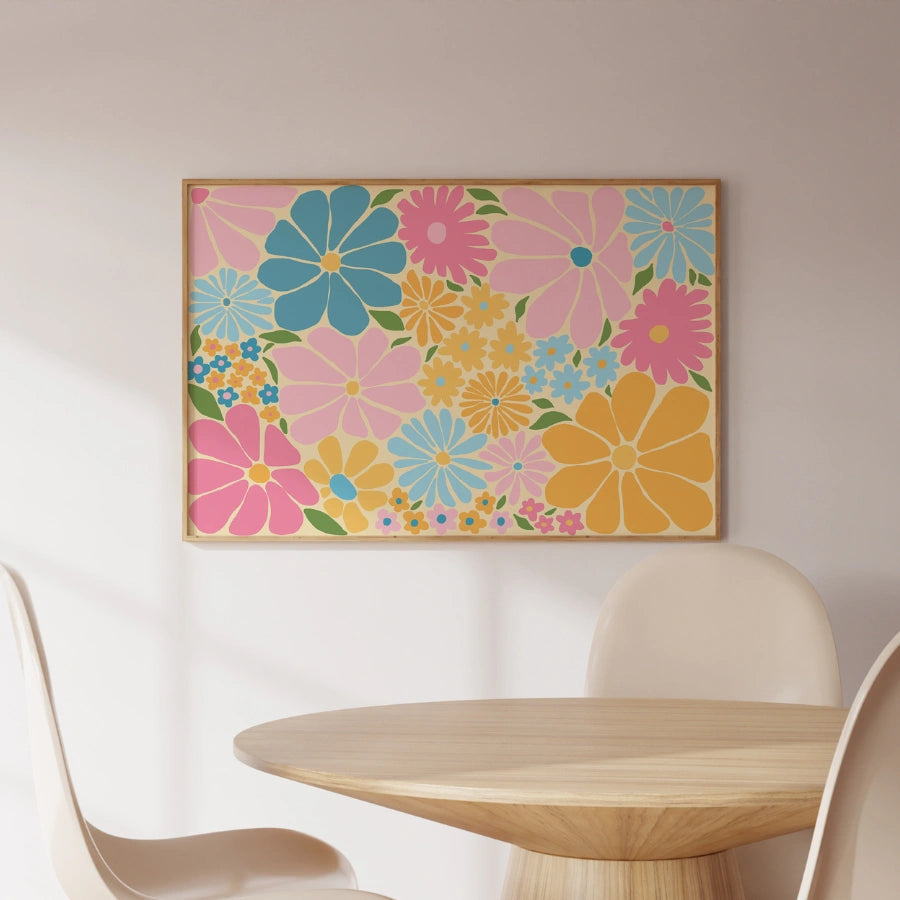 Retro Flower Power Print – Farbenfrohe florale Wandkunst