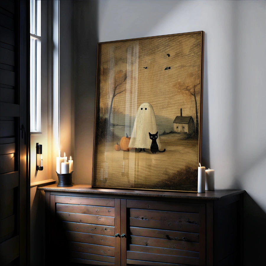 Wandbild mit Geist und schwarzer Katze – Vintage-Halloween-Druck
