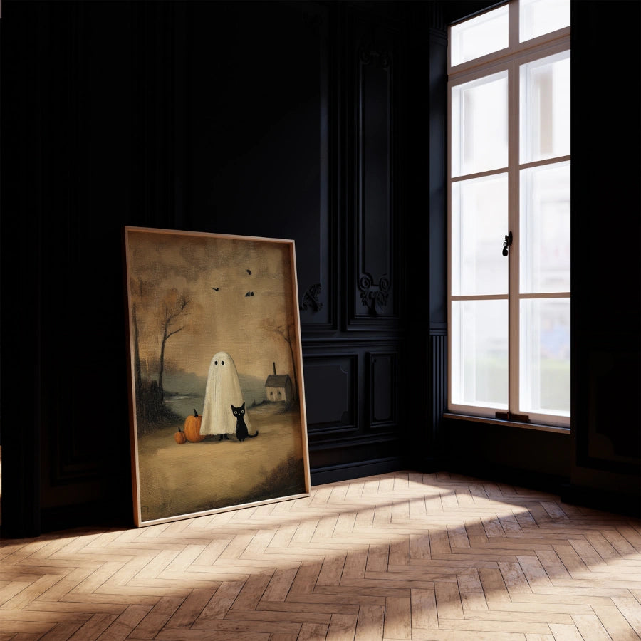 Wandbild mit Geist und schwarzer Katze – Vintage-Halloween-Druck