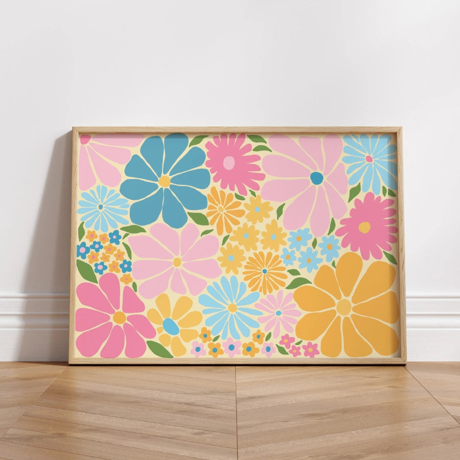 Retro Flower Power Print – Farbenfrohe florale Wandkunst