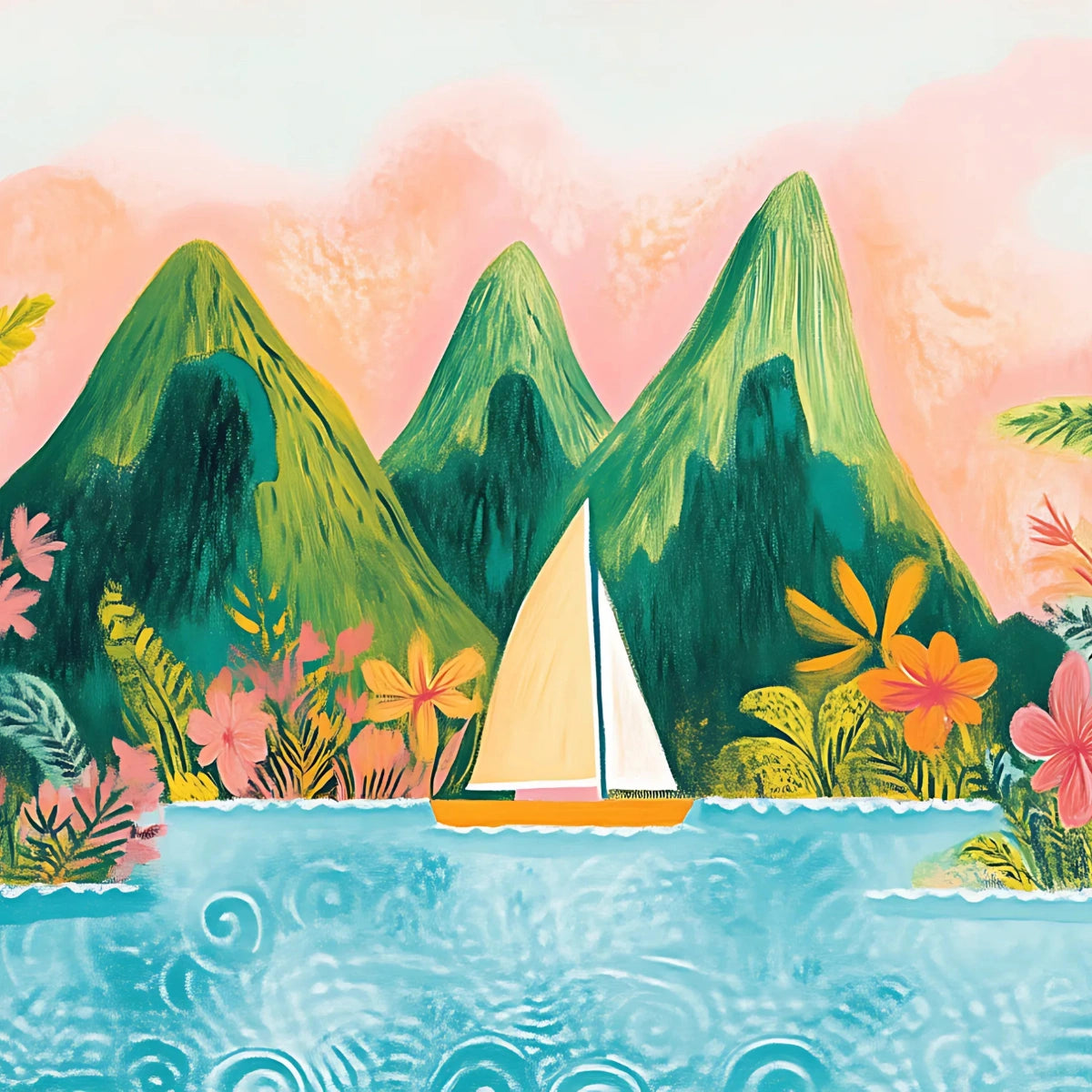 Tropical Sailing Wall Art – Colorful Island Print