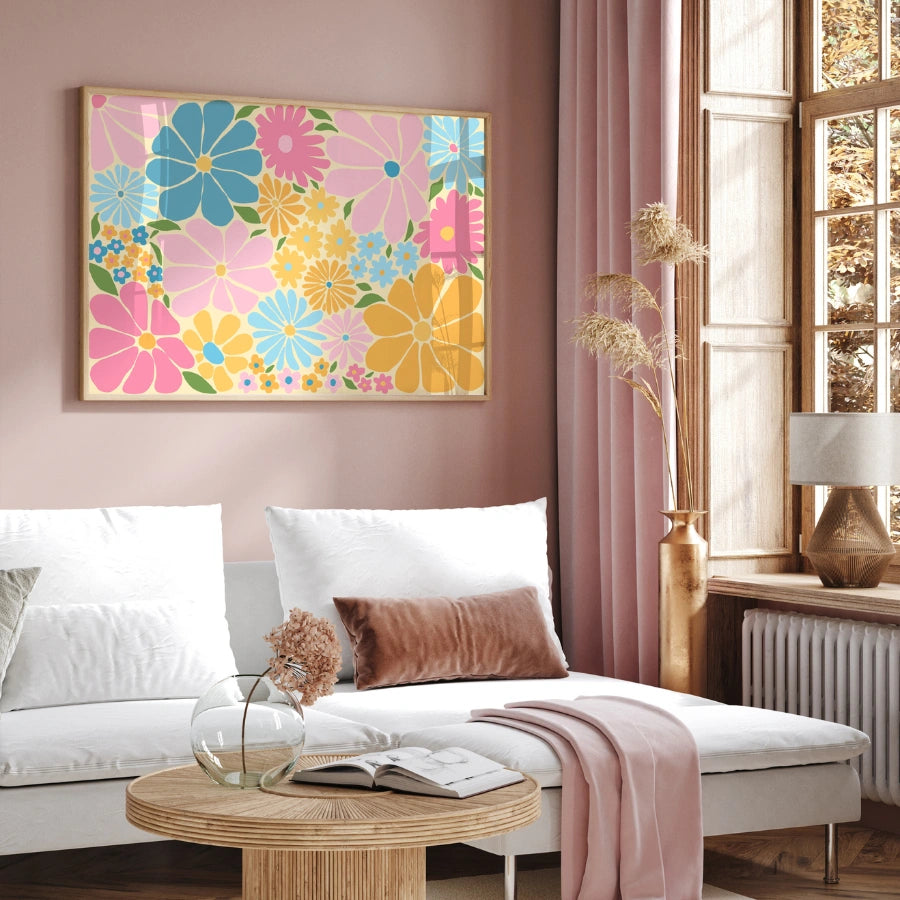 Retro Flower Power Print – Farbenfrohe florale Wandkunst