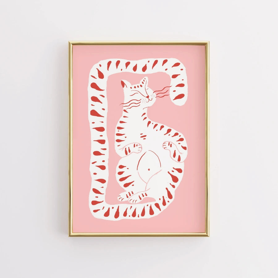 Verspieltes Katzen-Wandbild – Rosa maximalistischer Tierdruck