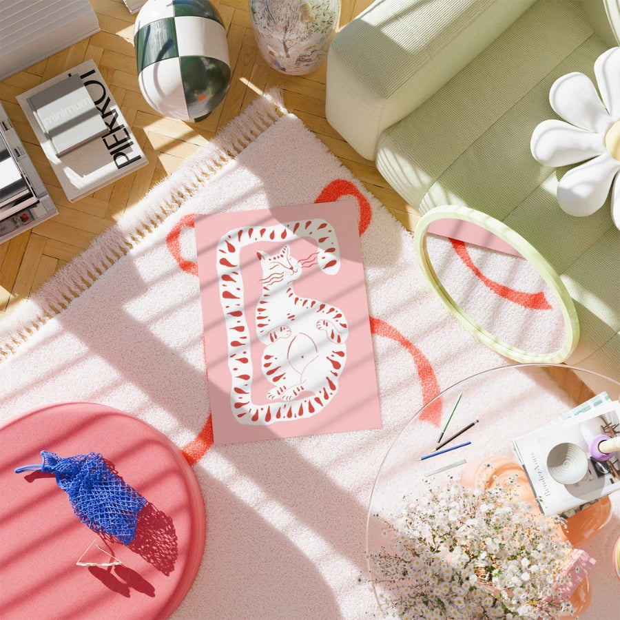 Verspieltes Katzen-Wandbild – Rosa maximalistischer Tierdruck