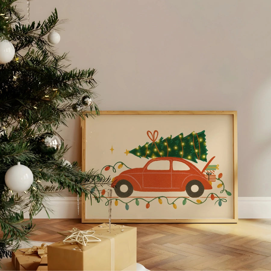 Christmas Car Tree Wall Art – Retro Holiday Print
