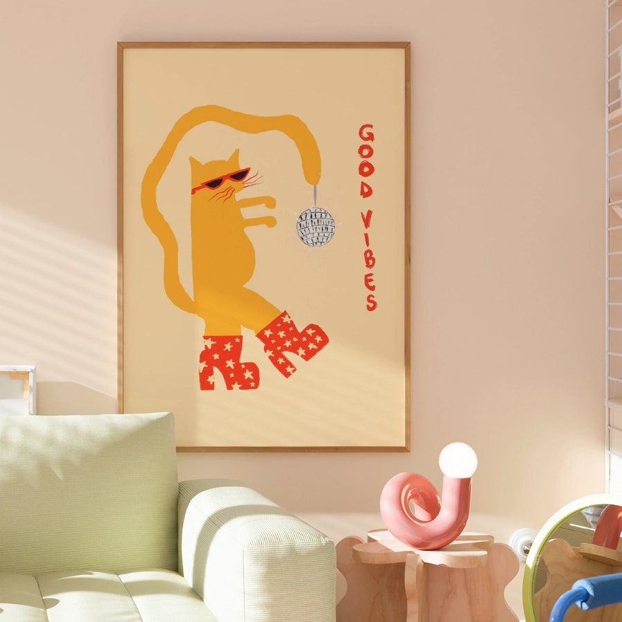 Disco-Katzen-Wandbild – Ausgefallener maximalistischer Tierdruck