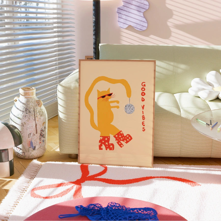 Disco-Katzen-Wandbild – Ausgefallener maximalistischer Tierdruck