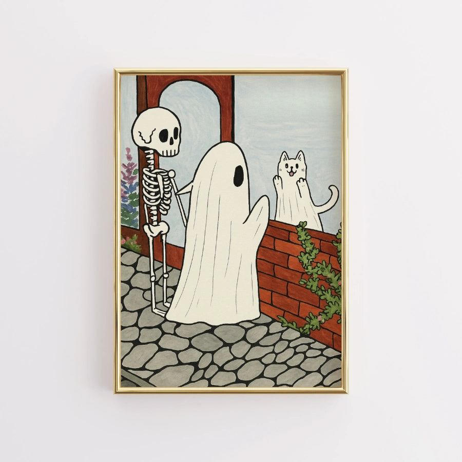 Cute Halloween Ghost and Skeleton Print – Whimsical Cat Art