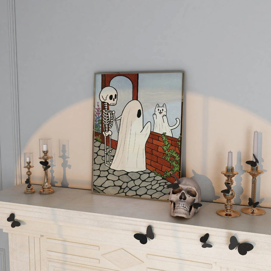 Cute Halloween Ghost and Skeleton Print – Whimsical Cat Art