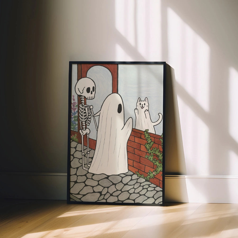 Cute Halloween Ghost and Skeleton Print – Whimsical Cat Art