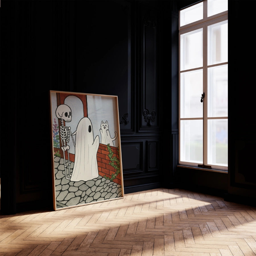 Cute Halloween Ghost and Skeleton Print – Whimsical Cat Art