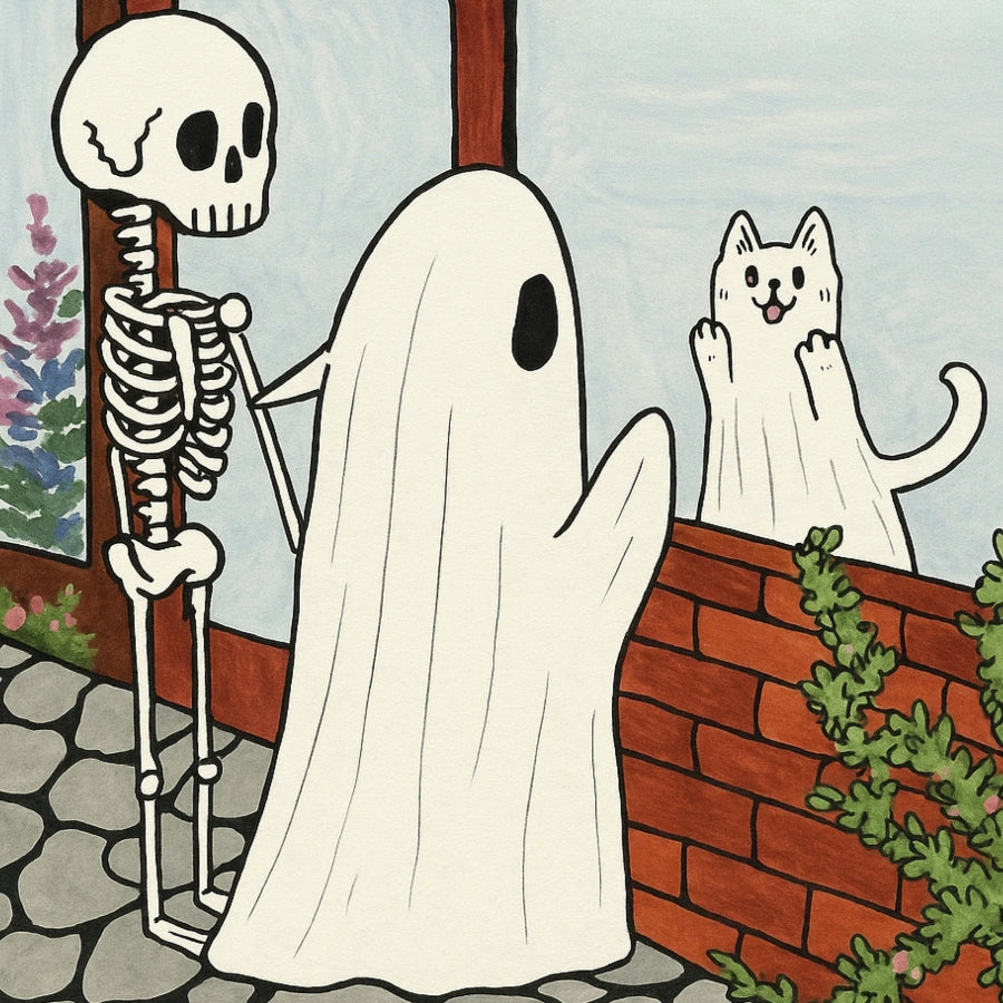 Cute Halloween Ghost and Skeleton Print – Whimsical Cat Art