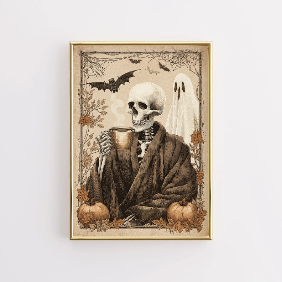 Skeleton Coffee Halloween Print – Vintage Spooky Wall Art