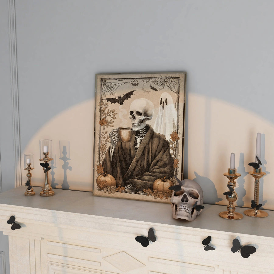 Skeleton Coffee Halloween Print – Vintage Spooky Wall Art
