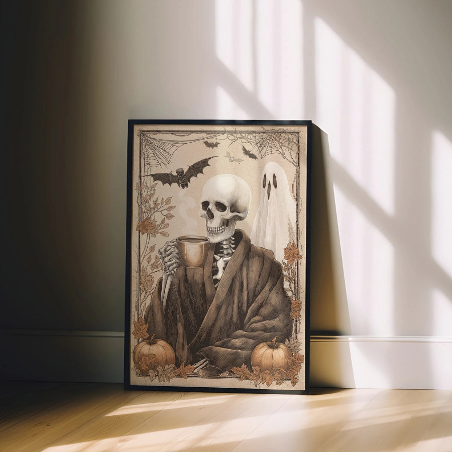 Skeleton Coffee Halloween Print – Vintage Spooky Wall Art