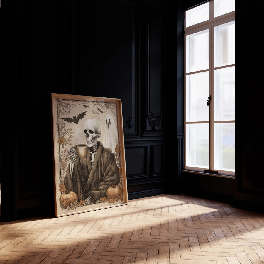 Skeleton Coffee Halloween Print – Vintage Spooky Wall Art