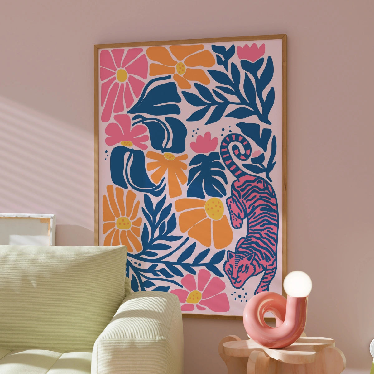 Floral Tiger Print – Bold Jungle Wall Art in Pink and Orange