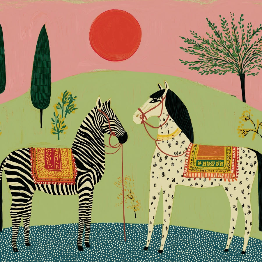 Boho-Wandbild mit Zebra und Pferd – Farbenfroher Tierdruck im Bohème-Stil 