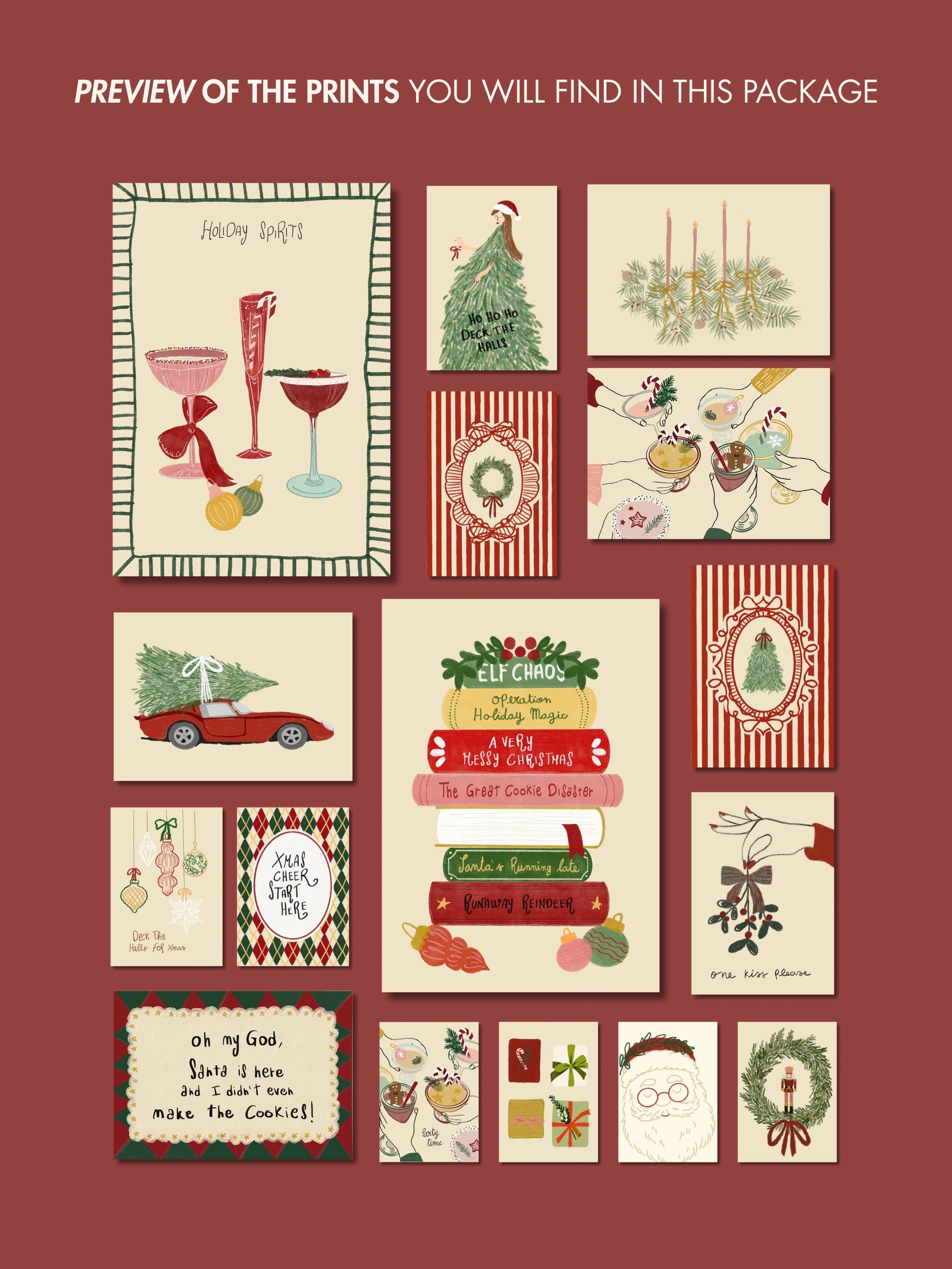 Hand-Drawn Trendy Holiday Set of 16 Prints