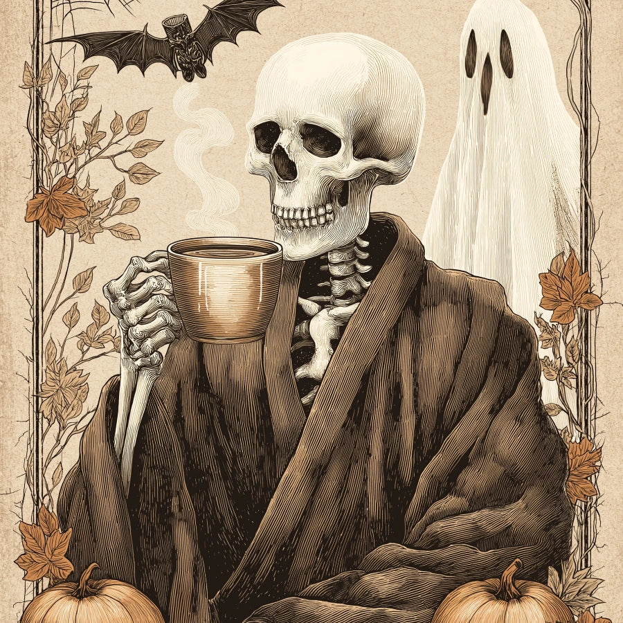 Skeleton Coffee Halloween Print – Vintage Spooky Wall Art