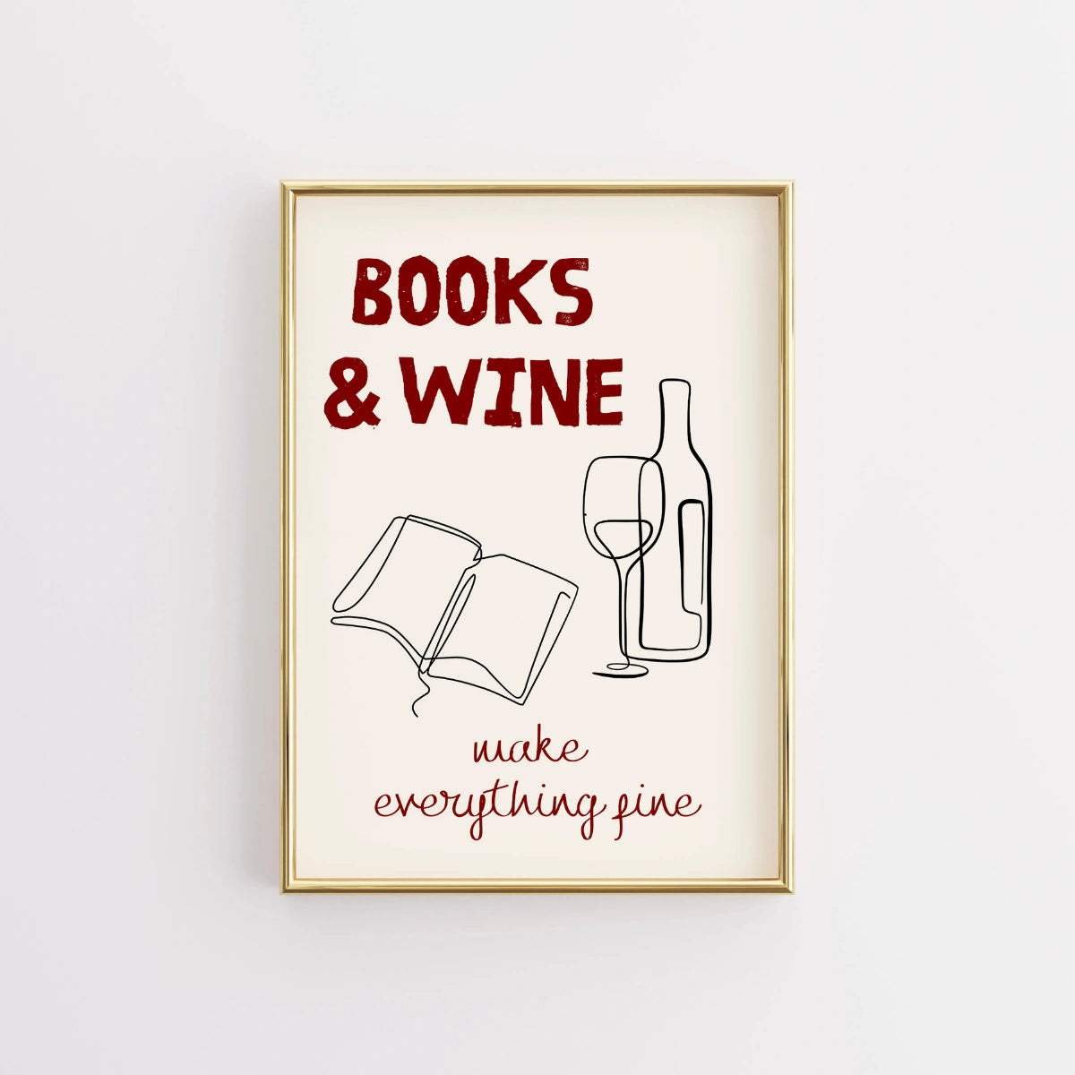 Books & Wine Print – Minimal Line Art Wall Decor for Book Lovers and Wine Enthusiasts