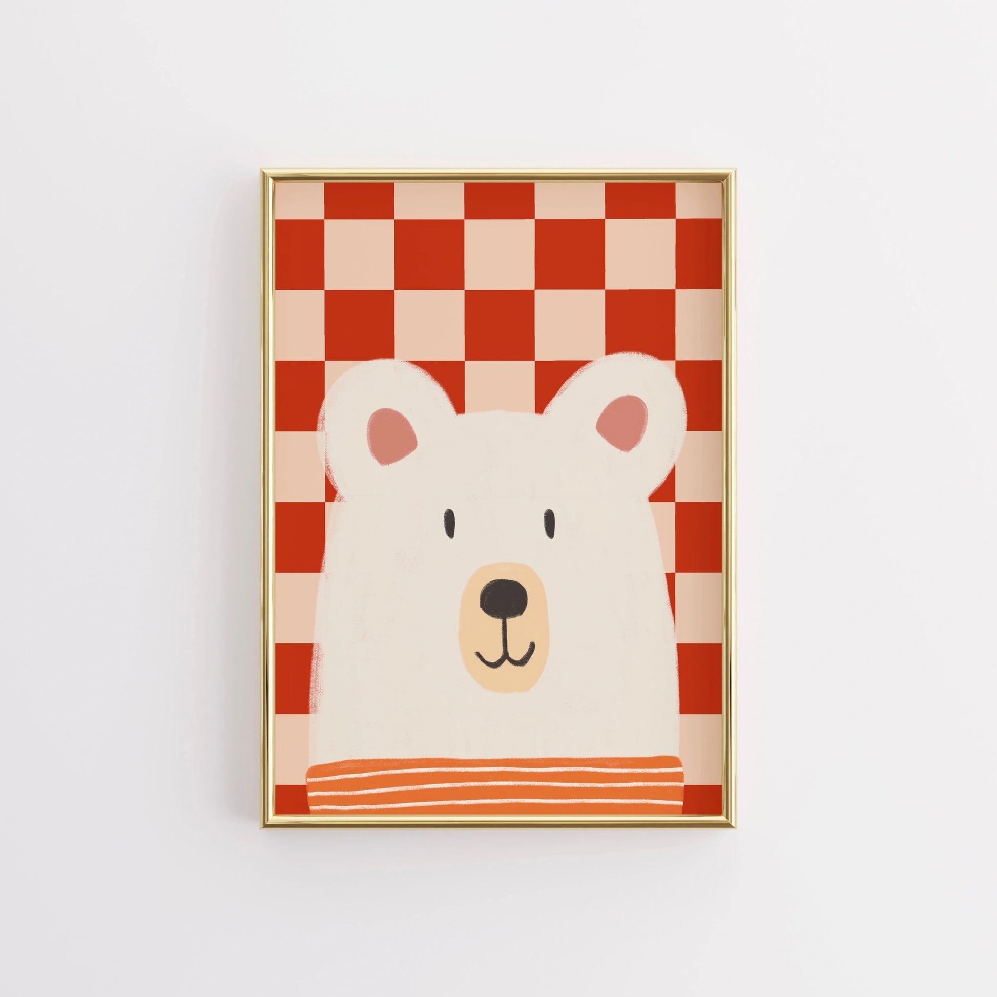 Bear Checkered Wall Art – Cute Nursery Print with Red Plaid Background