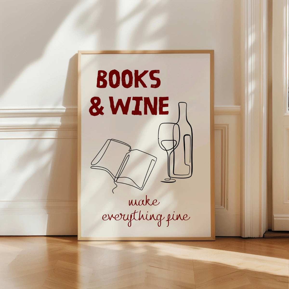 Books & Wine Print – Minimal Line Art Wall Decor for Book Lovers and Wine Enthusiasts