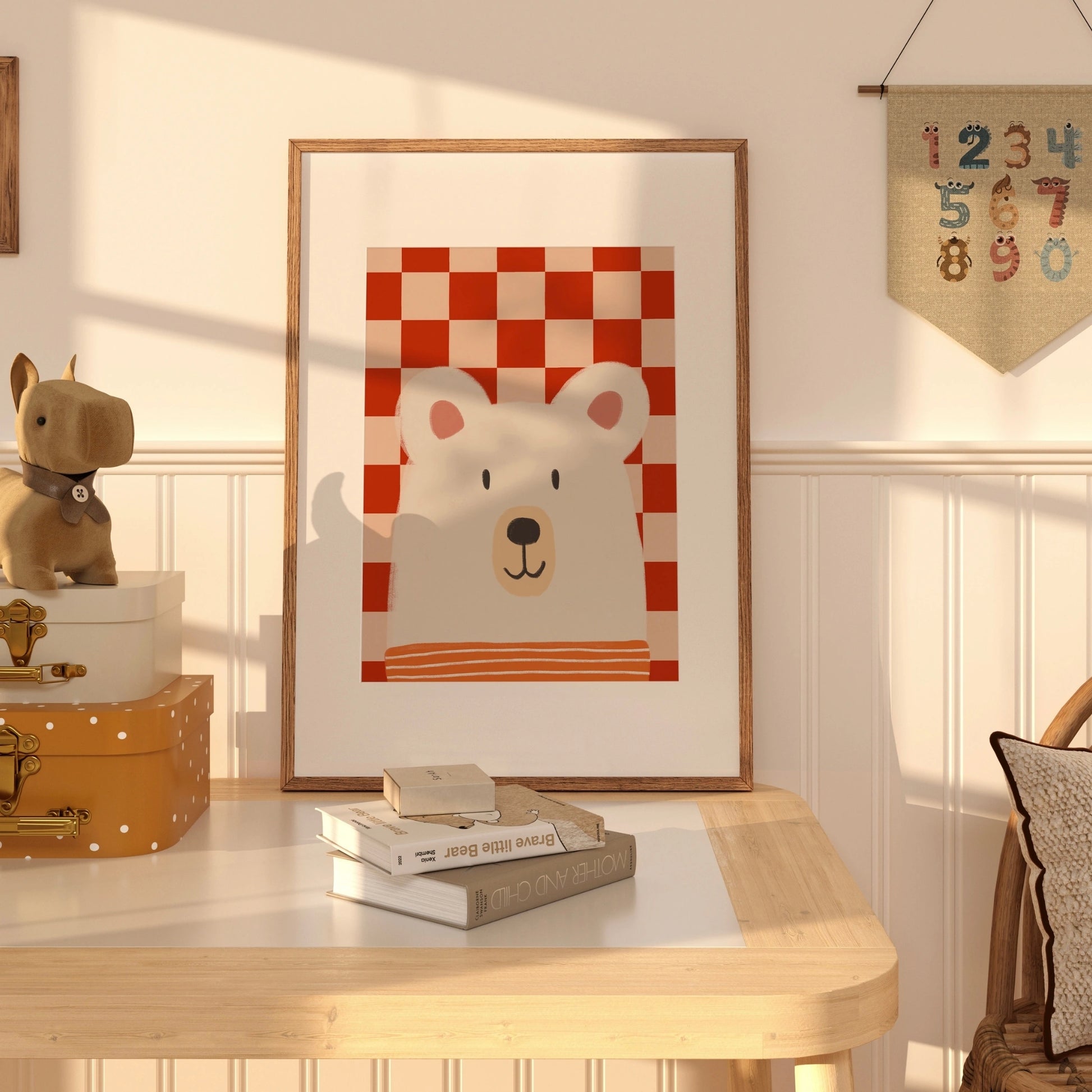 Bear Checkered Wall Art – Cute Nursery Print with Red Plaid Background