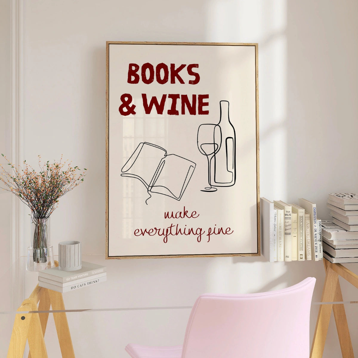 Books & Wine Print – Minimal Line Art Wall Decor for Book Lovers and Wine Enthusiasts