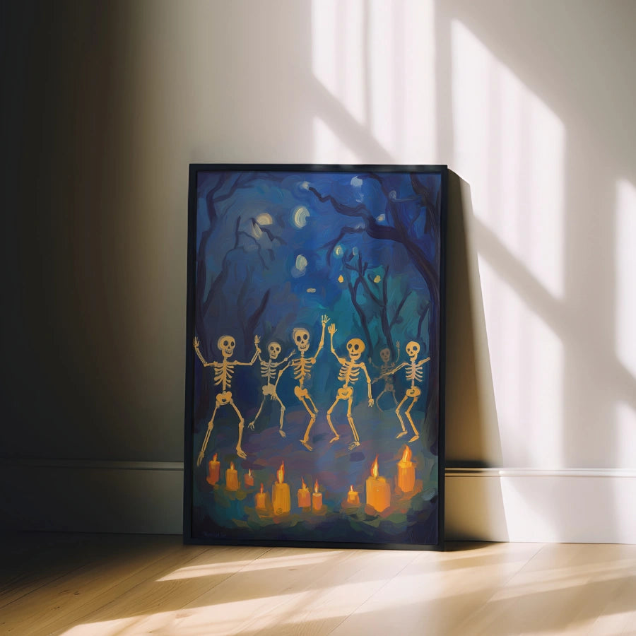 Dancing Skeletons Halloween Print – Spooky Forest Wall Art