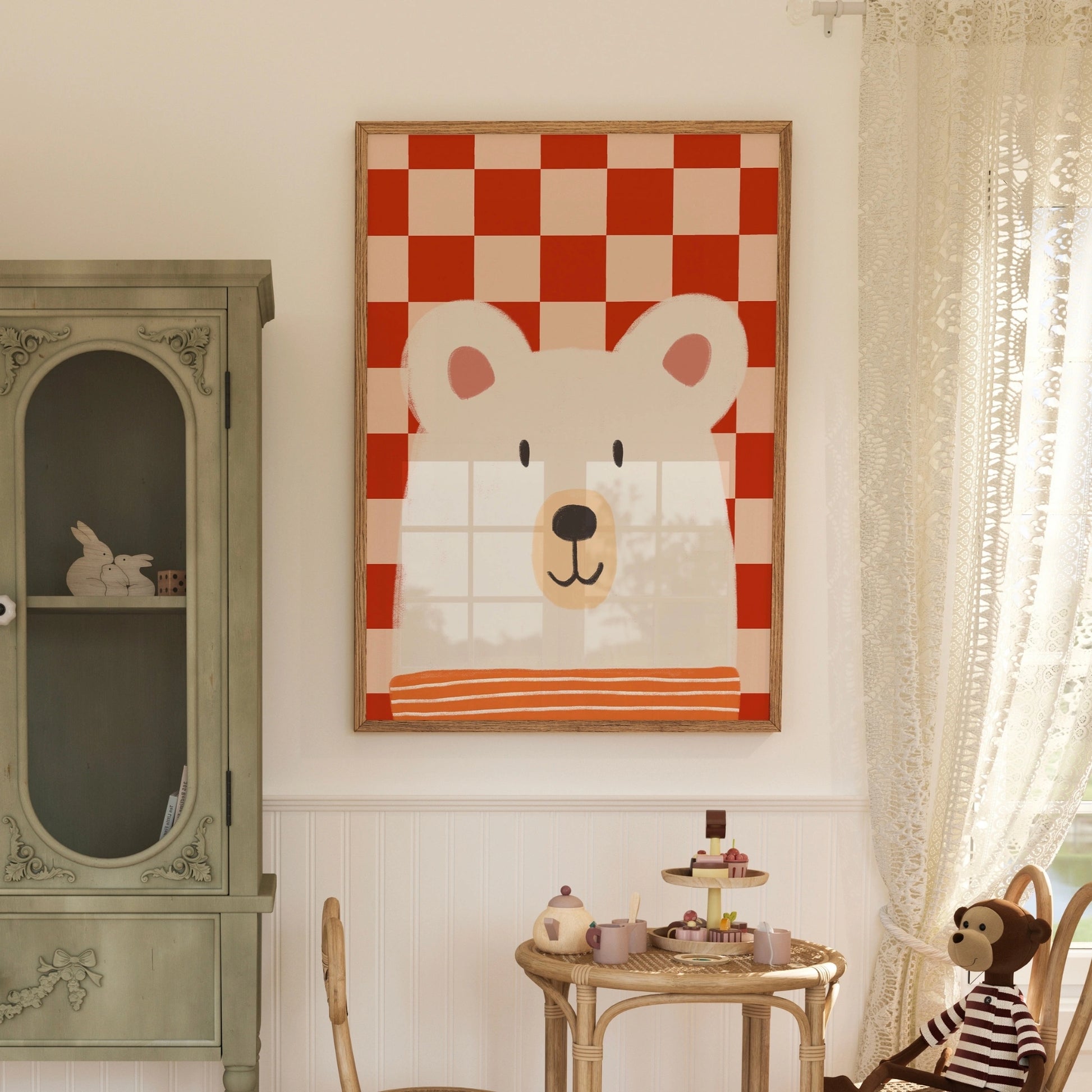 Bear Checkered Wall Art – Cute Nursery Print with Red Plaid Background