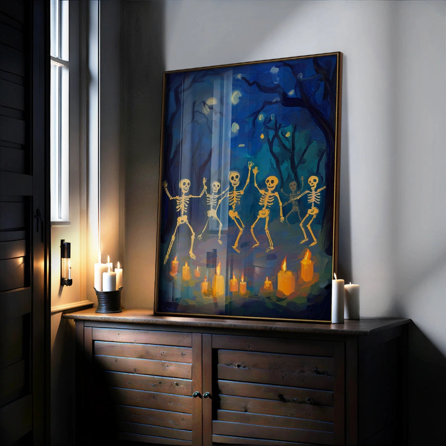 Dancing Skeletons Halloween Print – Spooky Forest Wall Art