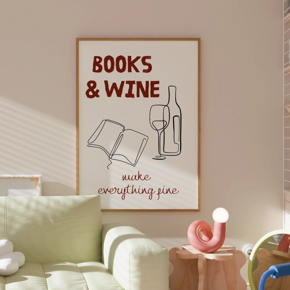Books & Wine Print – Minimal Line Art Wall Decor for Book Lovers and Wine Enthusiasts
