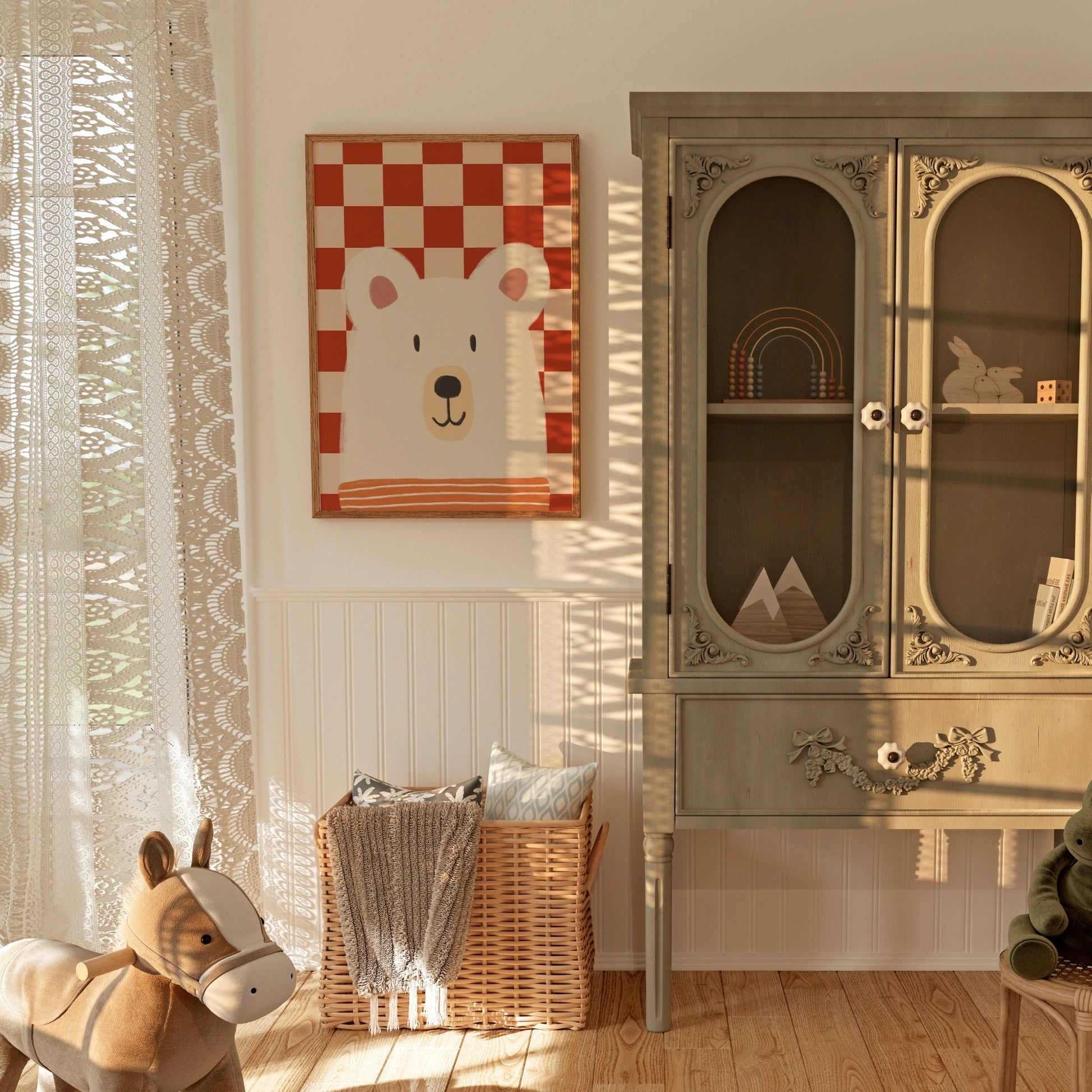 Bear Checkered Wall Art – Cute Nursery Print with Red Plaid Background