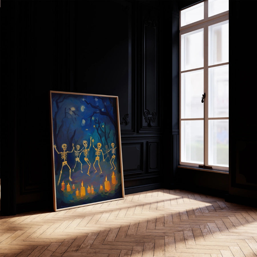 Dancing Skeletons Halloween Print – Spooky Forest Wall Art