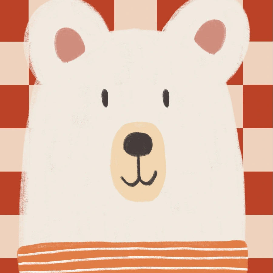 Bear Checkered Wall Art – Cute Nursery Print with Red Plaid Background